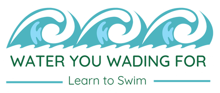 Water safety logo with teal waves and text “WATER YOU WADING FOR” and “Learn to Swim”