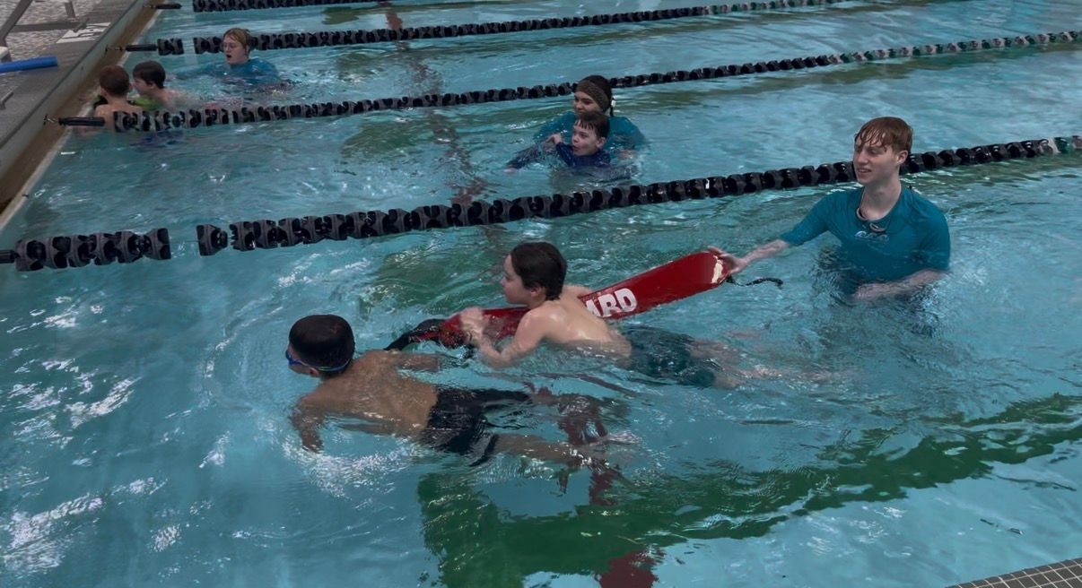 People in a swimming pool play with a purple pool noodle near the edge.