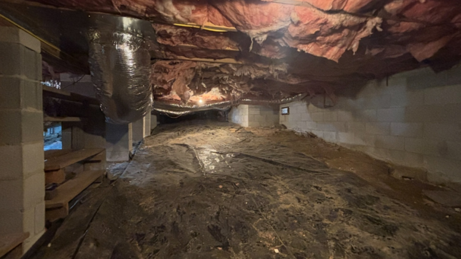 Crawlspace with exposed insulation, ducts, and dirt floor beneath a house