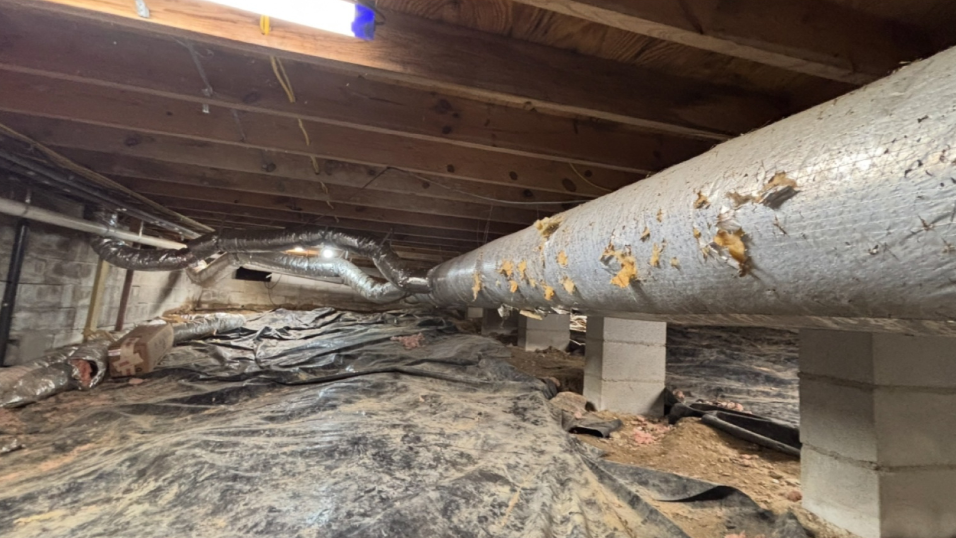 Damaged insulation and large pipes in a crawlspace beneath wooden floor joists