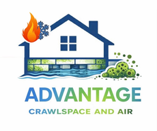 Advantage Crawlspace and Air logo with house, flame, snowflake, and green crawlspace illustration