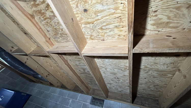 Wooden framing and plywood sheathing in an unfinished interior wall or attic space