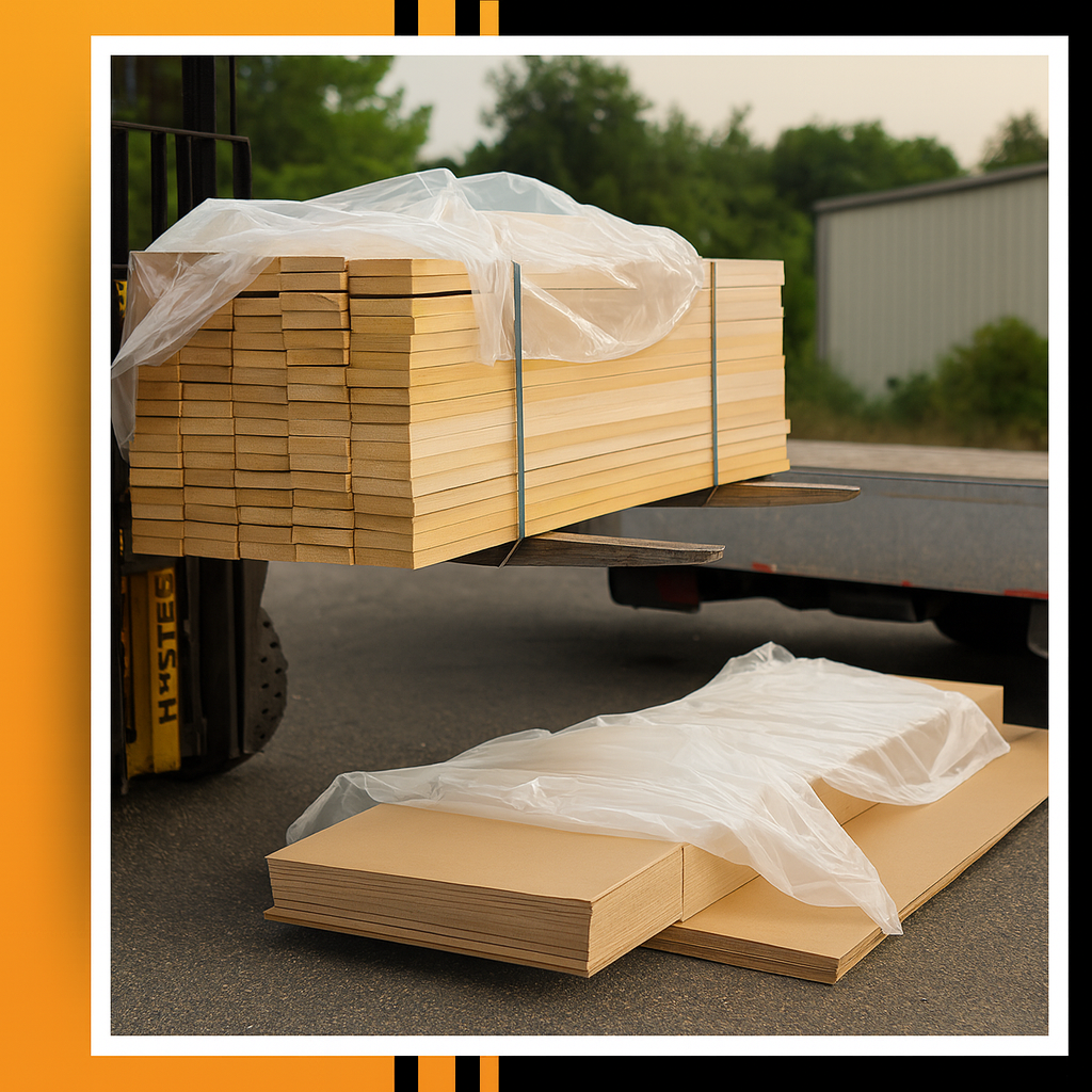 Forklift unloading wrapped lumber from truck bed.