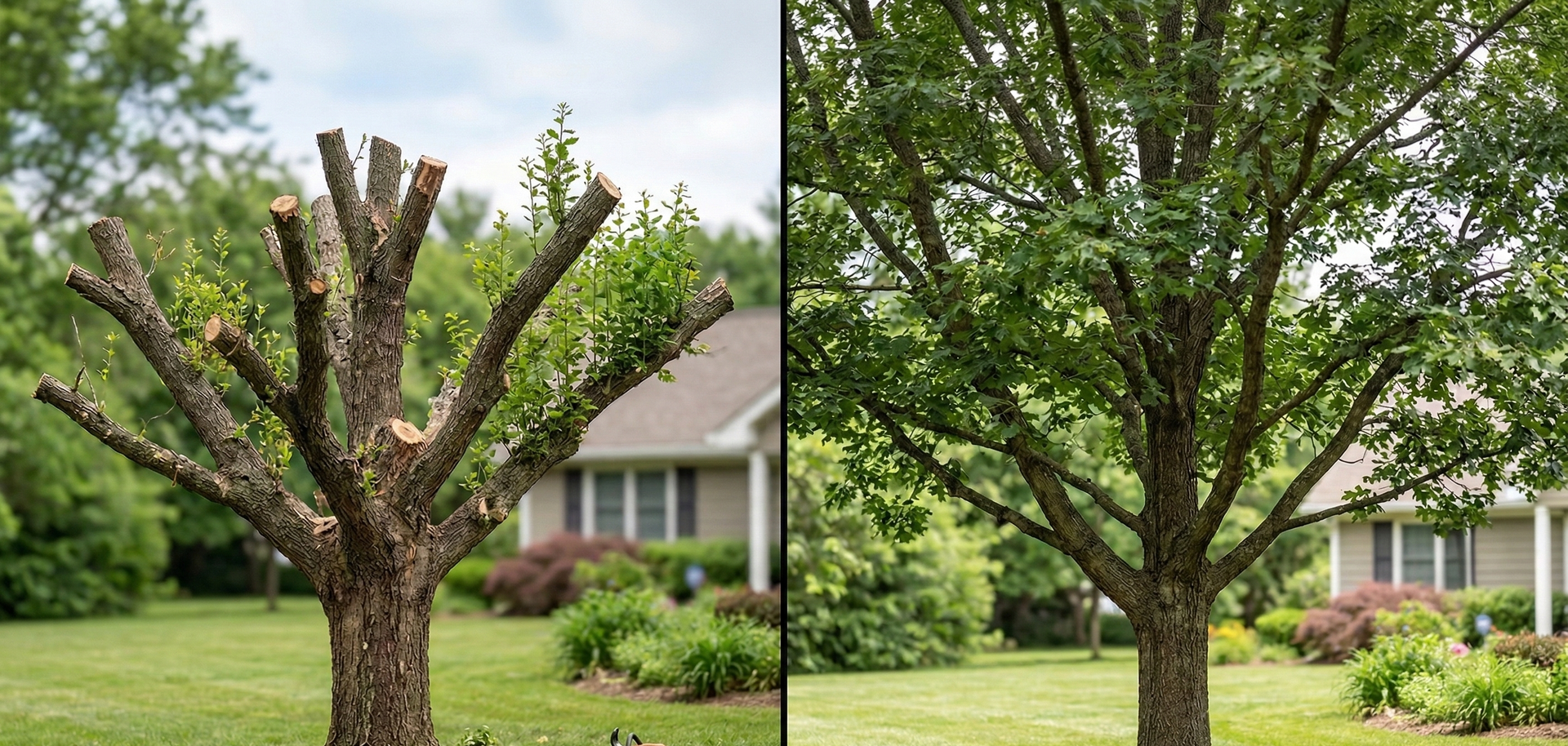 Tree before and after pruning, showing cut branches on the left and a full canopy on the right.