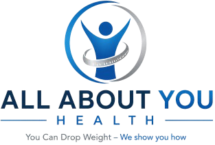 All About You Health logo with blue figure and gray swoosh, plus slogan &ldquo;You Can Drop Weight &ndash; We show you how&rdquo;