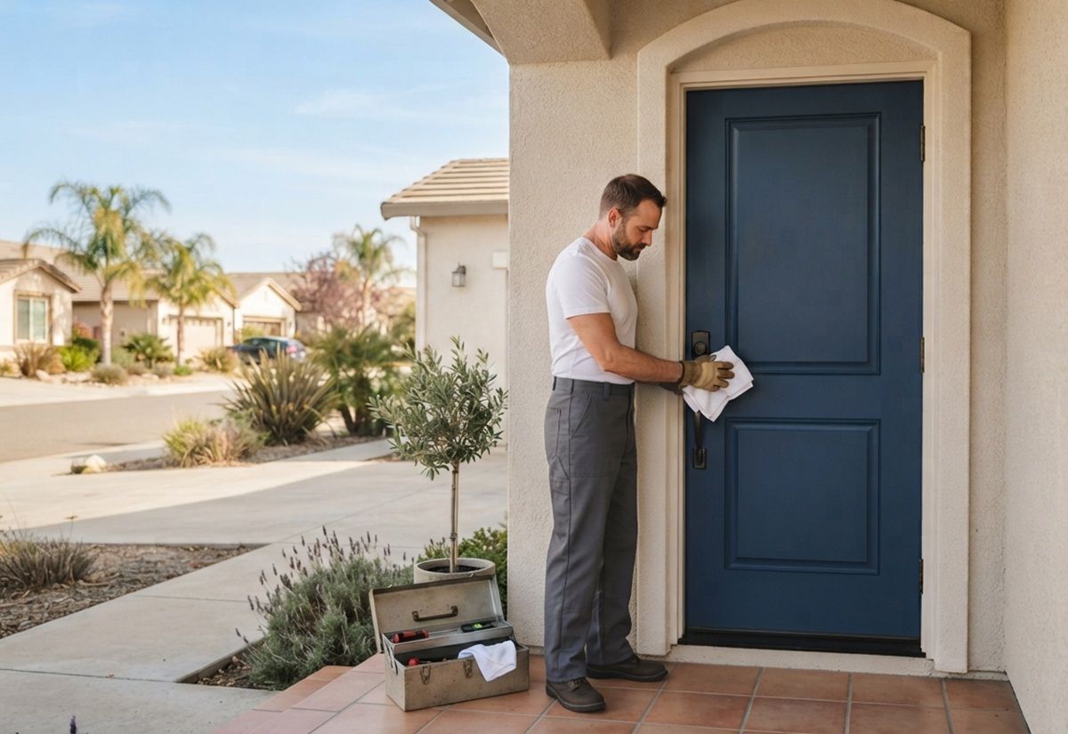 Handyman in a white t-shirt and grey pants wiping down a newly repaired door in Hollister, CA.
