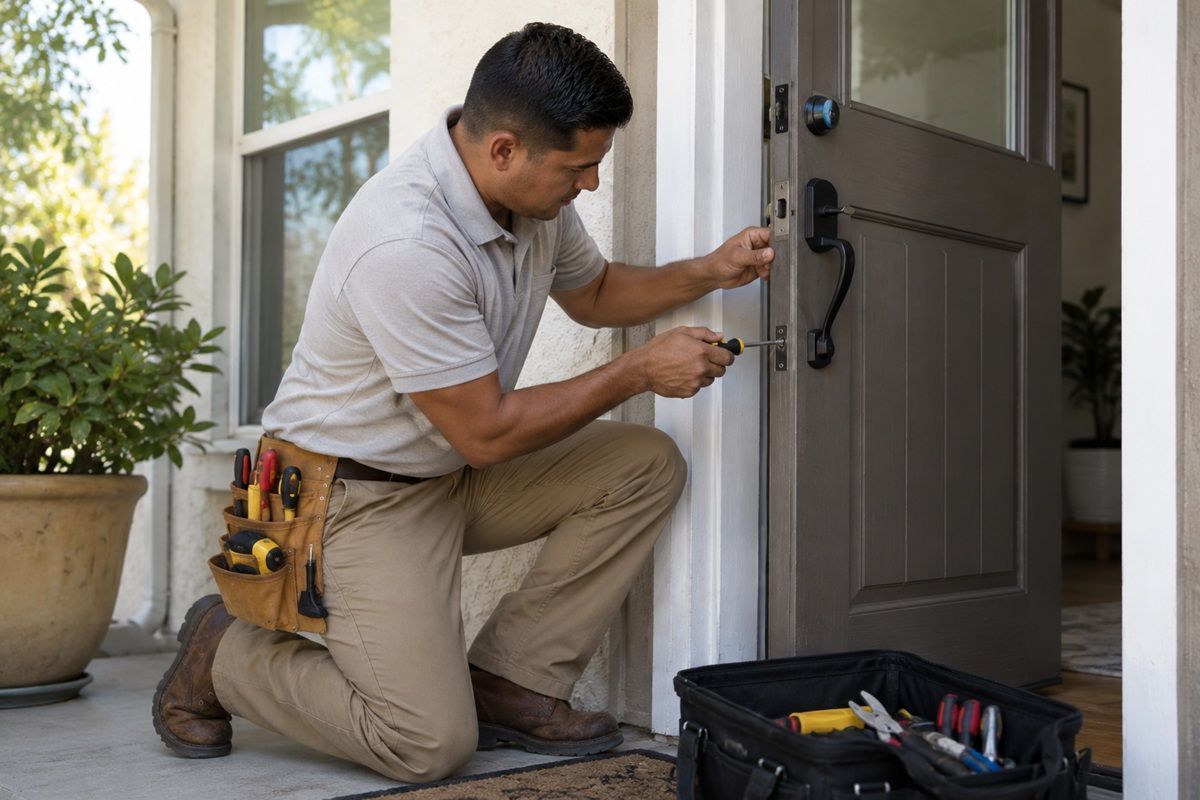 Handyman repairing a front door in Hollister