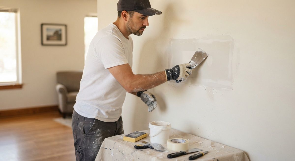 Handyman applying joint compound to drywall in a home.
