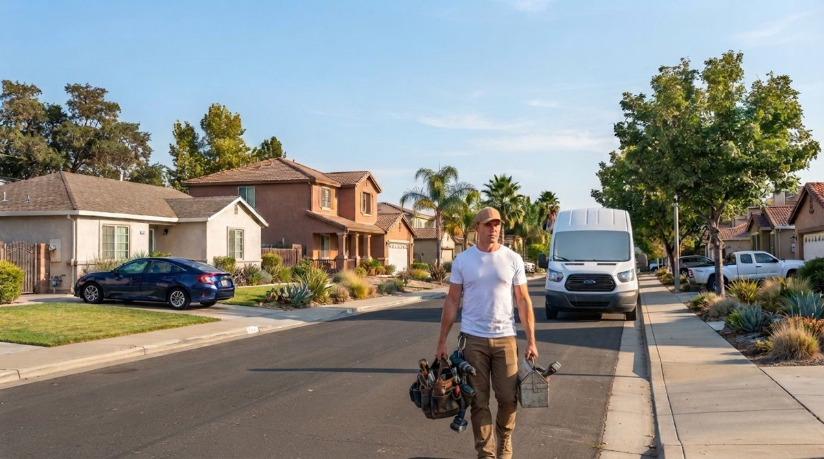 A handyman contractor walks down Hollister Neighborhood street.