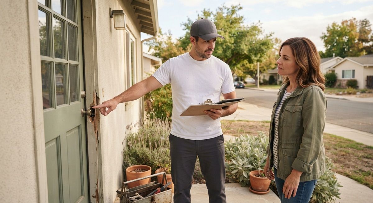  Handyman discussing door repair estimate with homeowner.
