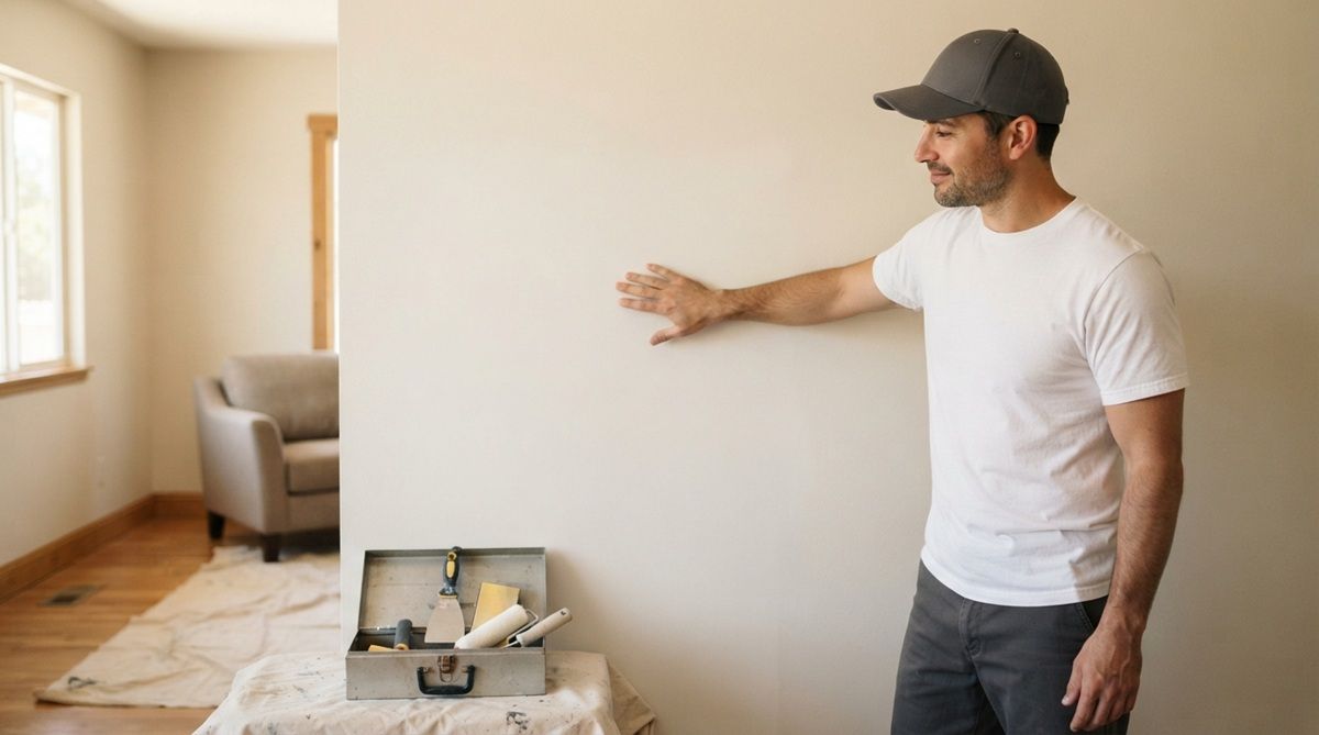  Handyman touching smooth painted drywall wall.
