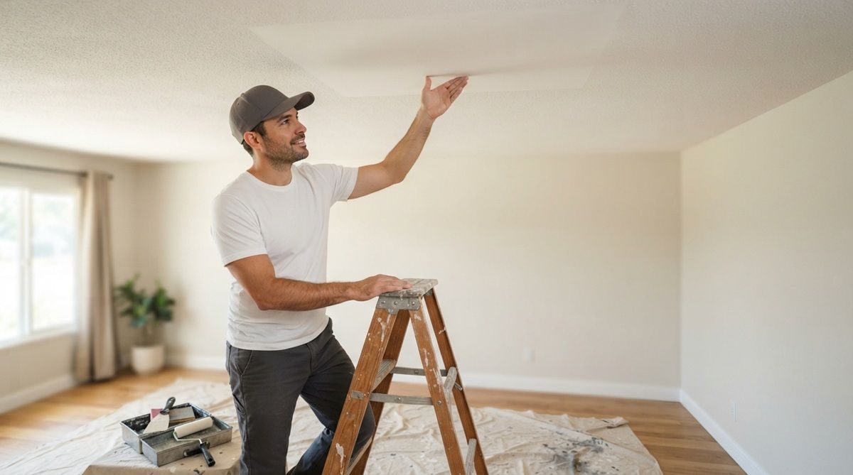 Handyman on ladder touching smooth ceiling patch.