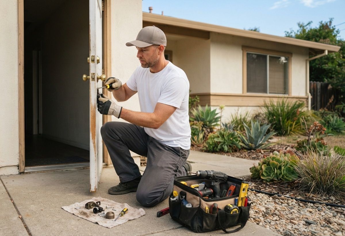 Handyman installing a deadbolt lock on a side entry door in Hollister, CA.
