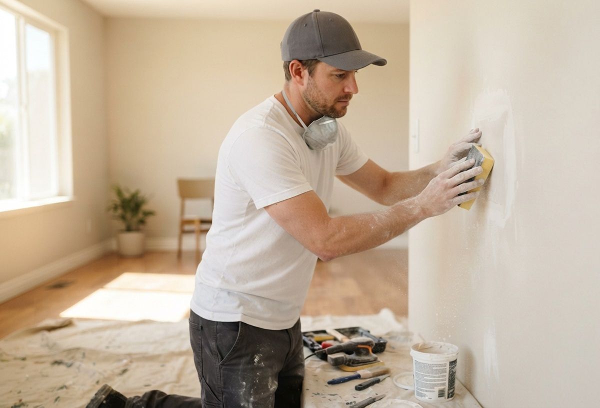 Man in white shirt and respirator sanding a drywall repair patch.