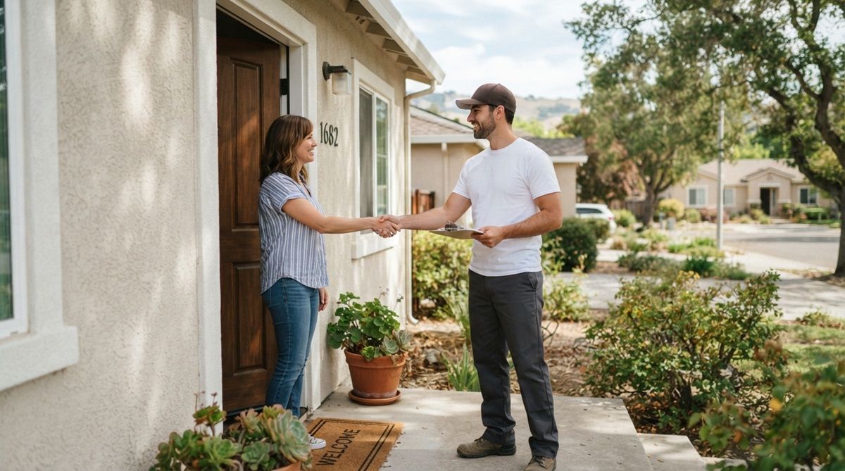 Handyman technician shaking hands with a homeowner at a front door in Hollister.