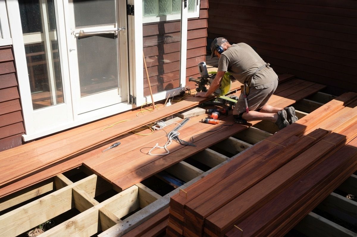 Local handyman repairing and replacing wooden planks on a residential deck.