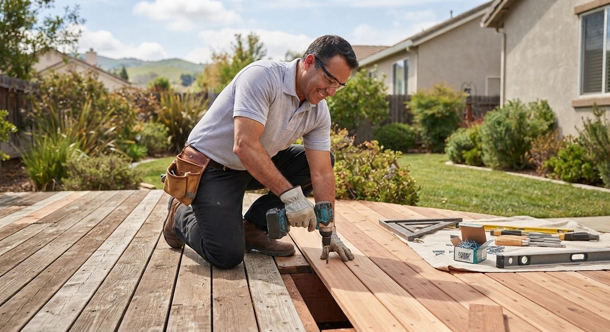 Local handyman repairing a residential wooden deck in Hollister California.