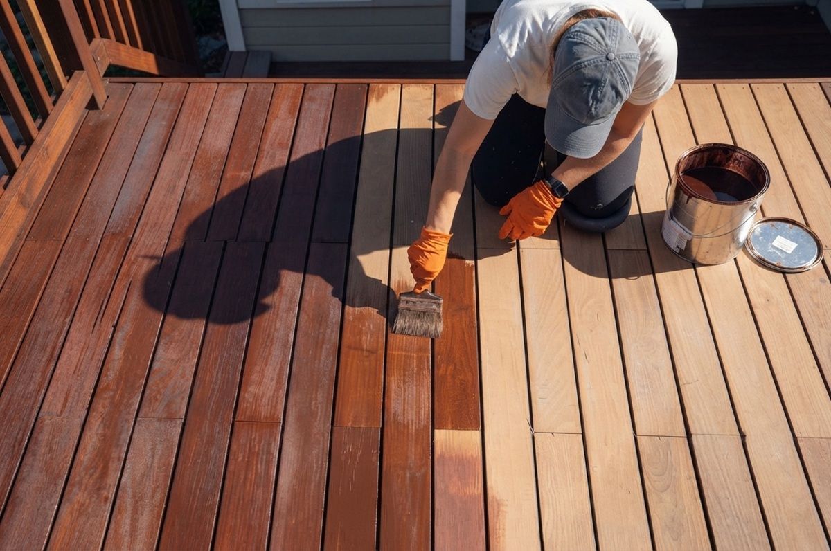 Handyman staining a wooden deck after deck repair in Hollister