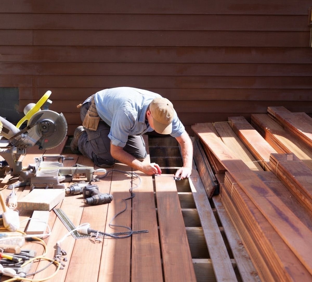 Carpenter measuring a wooden deck plank on a job site in Hollister, CA