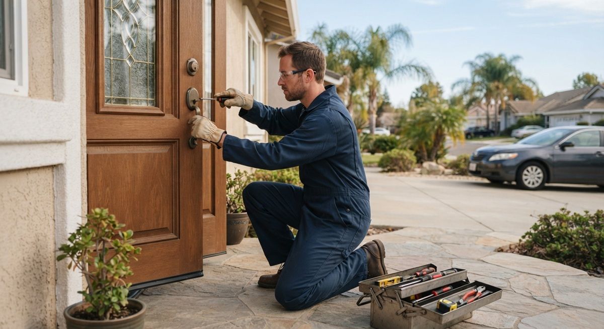 Handyman in safety glasses and a blue jumpsuit repairing a front door in Hollister, CA.