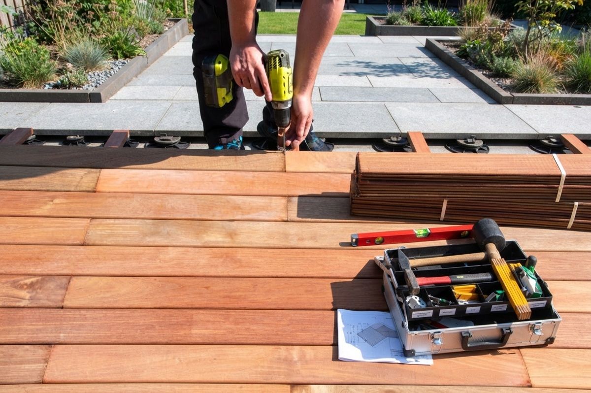A carpenter using a drill on a new wooden deck, with tools and plans nearby.