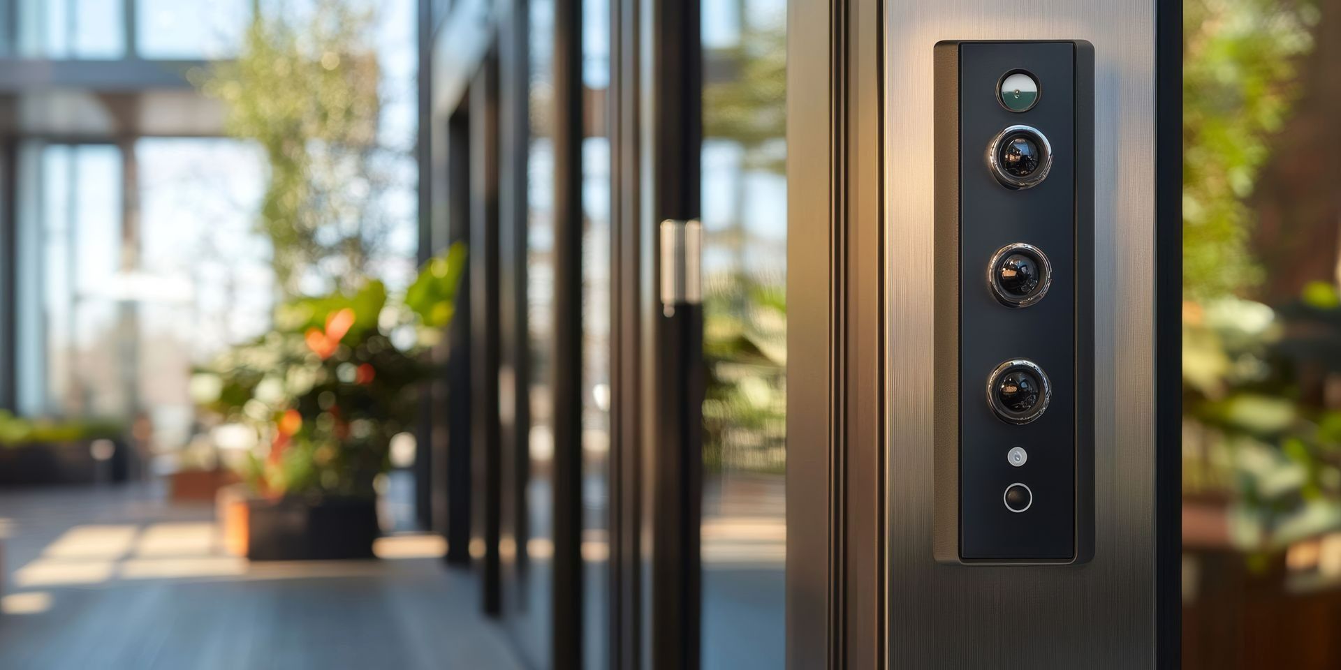 A silver door frame with a black vertical intercom panel featuring four circular buttons, set in a bright, modern atrium.