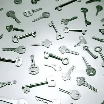 A large, diverse collection of silver metal keys scattered across a light gray background.