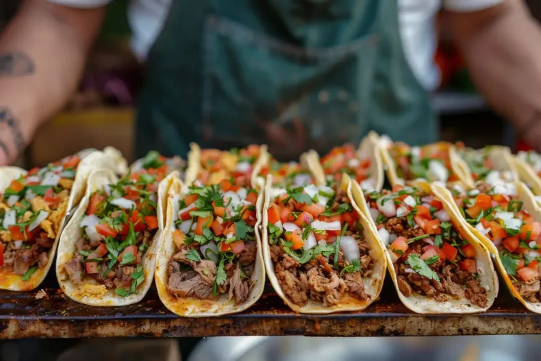 Street-style beef tacos with fresh salsa and cilantro on a serving tray