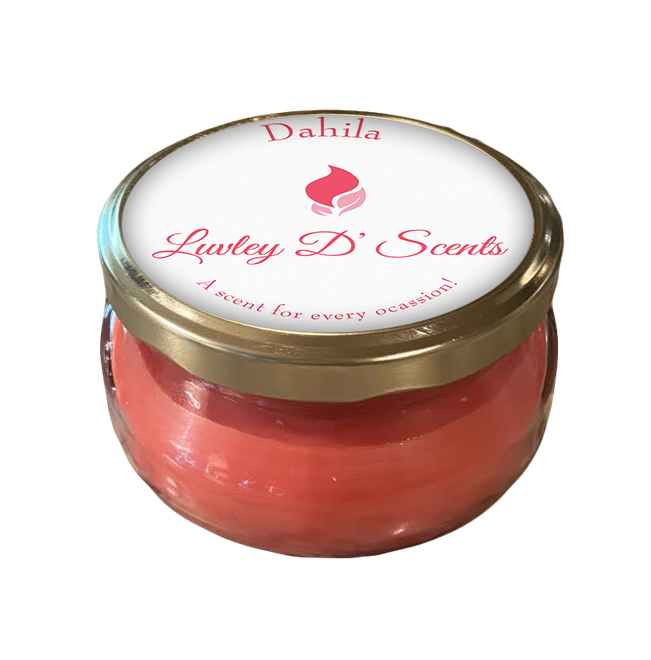 A red candle with a white label that says lawley d ' scents