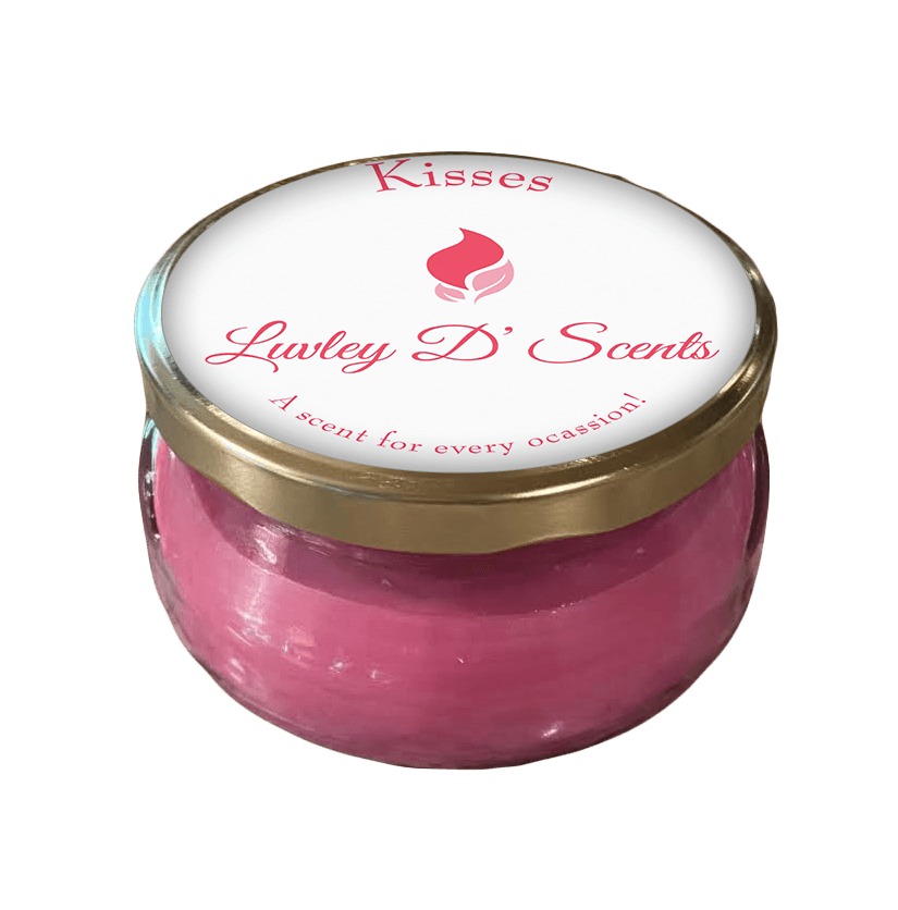 A pink jar with a lid that says ' kisses ' on it