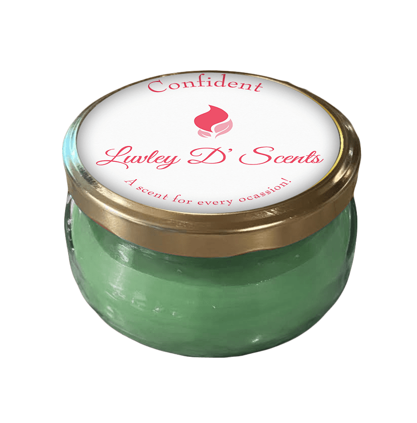 A green jar with a white label that says confident lawley d ' scents