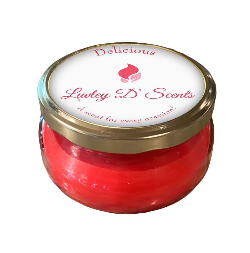 A red jar with a lid that says delicious on it