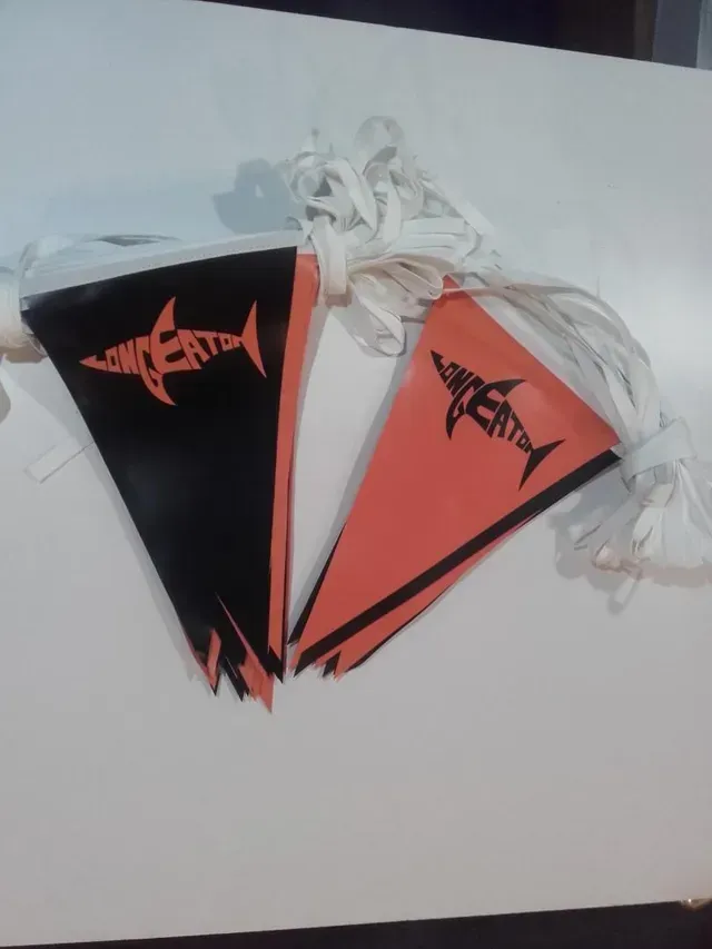 Eine schwarz-orange Flagge mit einem Hai darauf