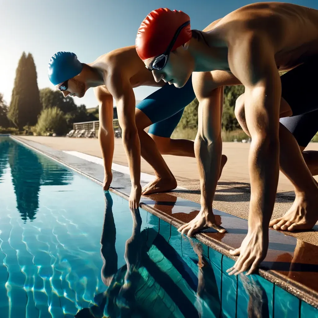 Two men are getting ready to swim in a pool