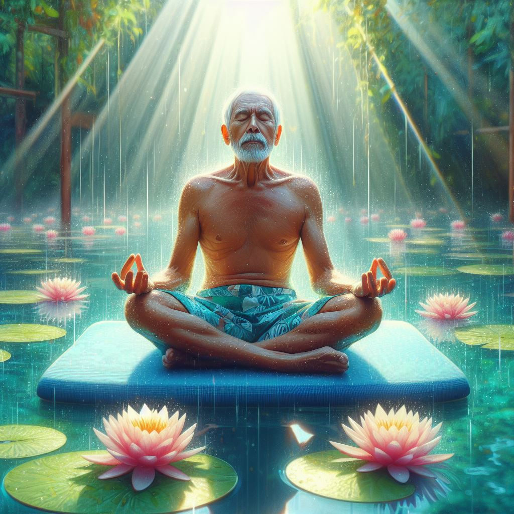 Ein älterer Mann meditiert auf einer Yogamatte in einem von Seerosen umgebenen Teich.