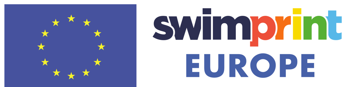 Ein Logo für Swimprint Europe mit einer Flagge im Hintergrund
