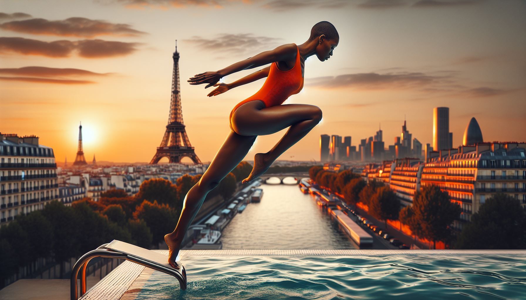 Eine Frau springt in einen Swimmingpool mit dem Eiffelturm im Hintergrund.