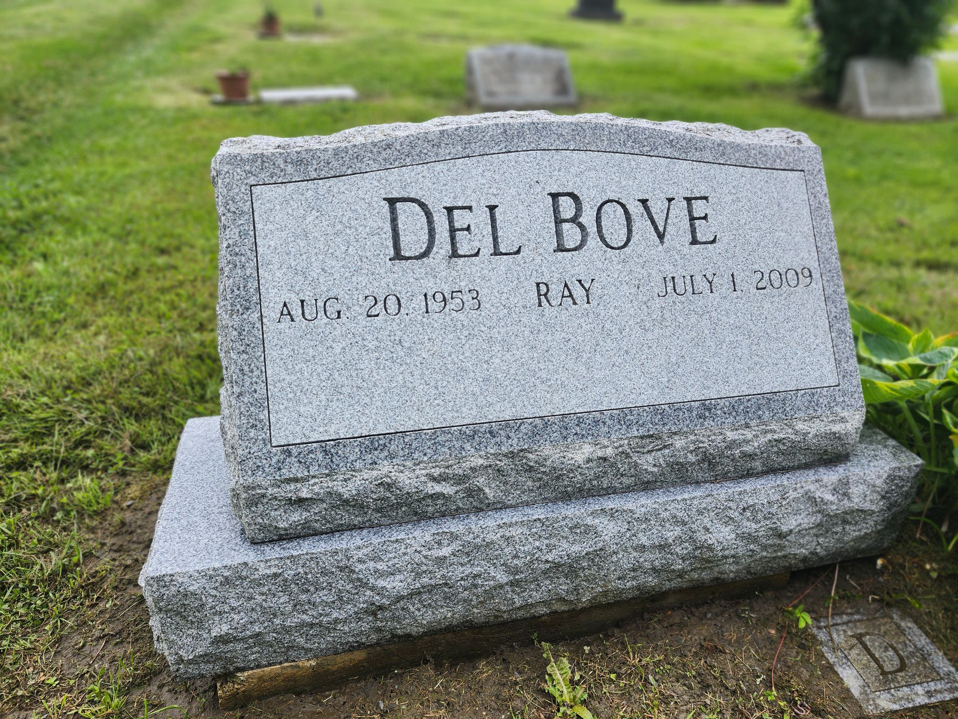 Gravestone reading “DEL BOYE” in a grassy cemetery with other headstones in the background