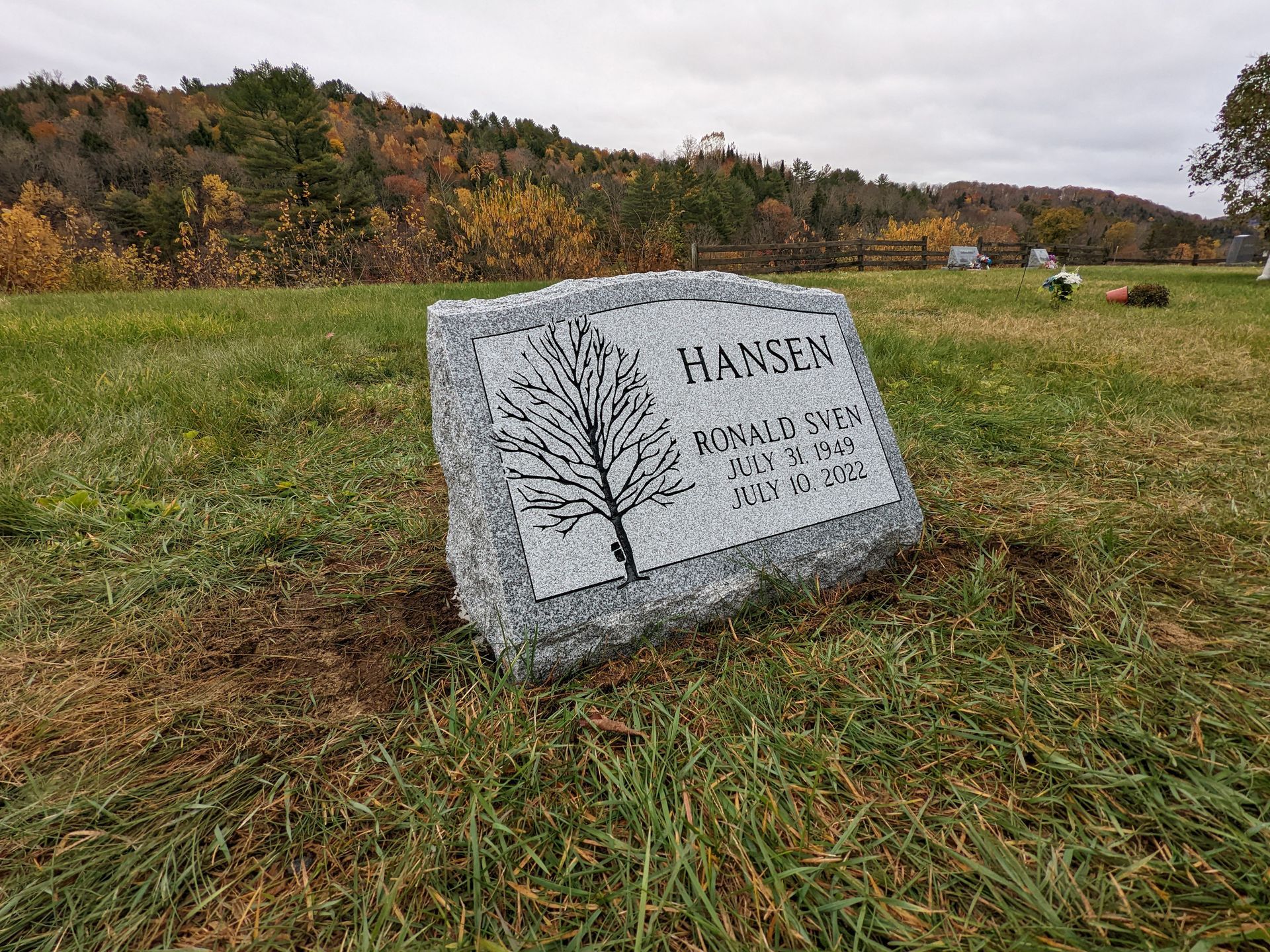 Gray gravestone in a grassy cemetery with a tree engraving, set against an autumn hillside.
