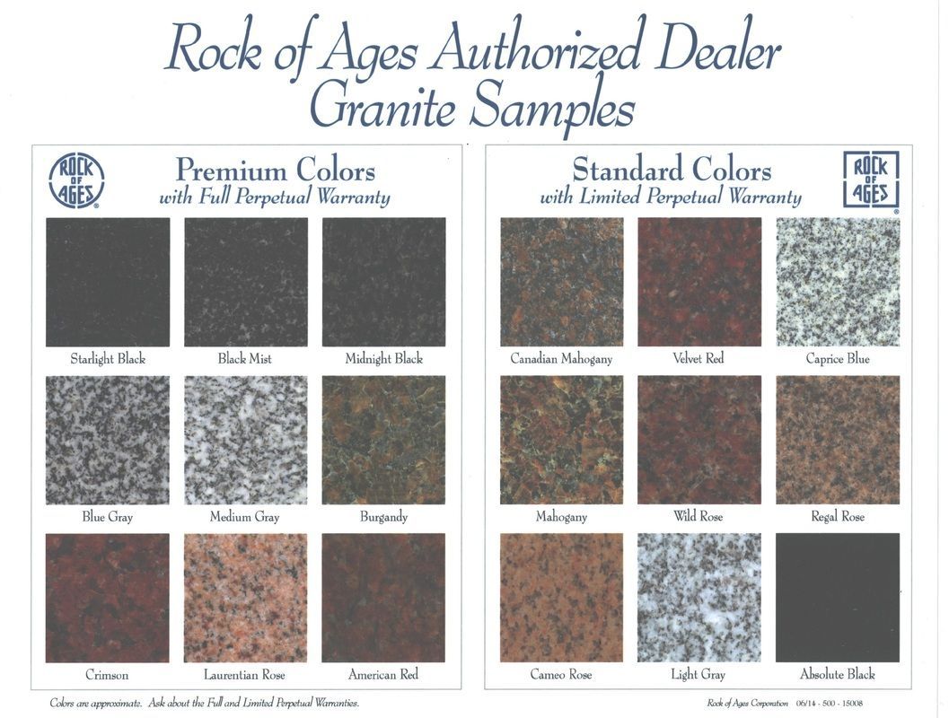 Rock of Ages dealer granite sample chart with multiple color swatches and labels