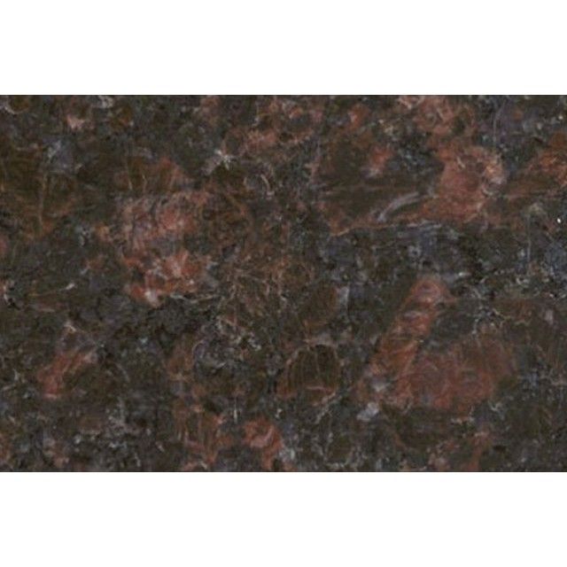 Dark brown and red speckled granite countertop surface with a polished finish