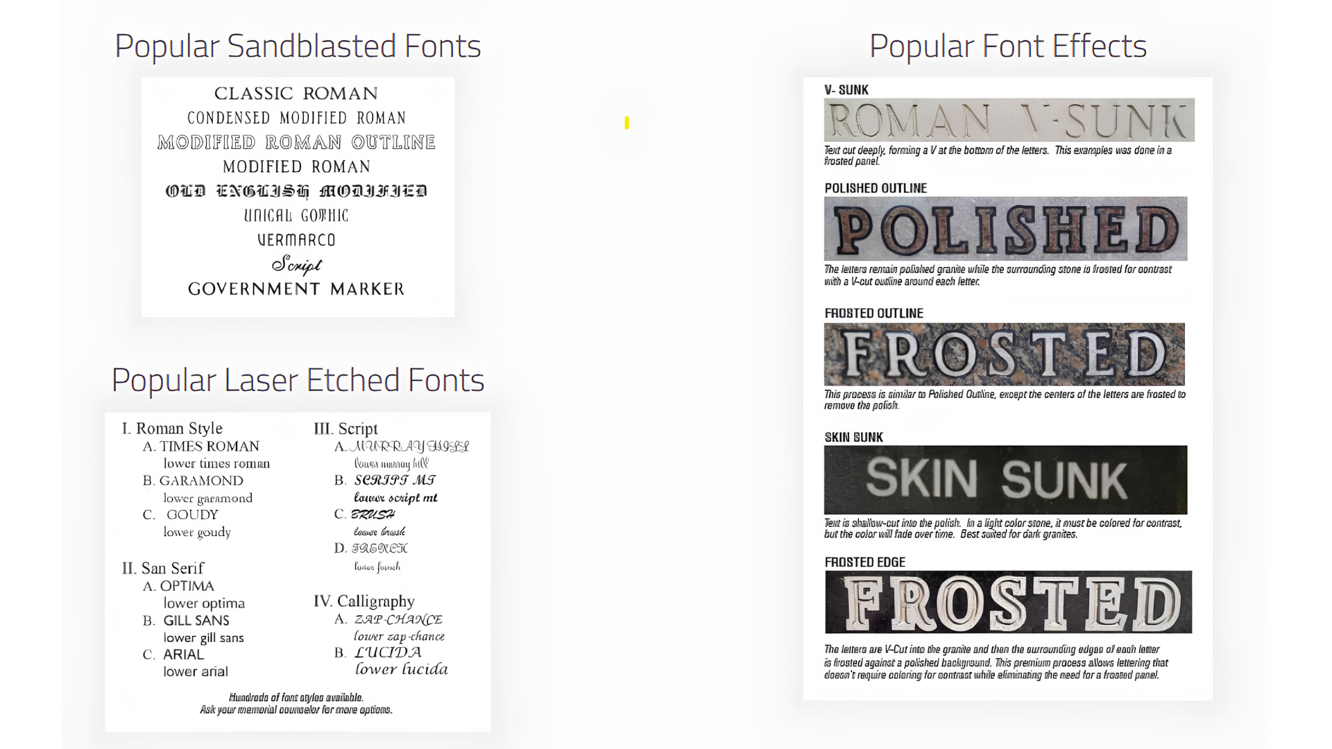Examples of popular font effects and font styles on a white page, including polished and frosted text samples