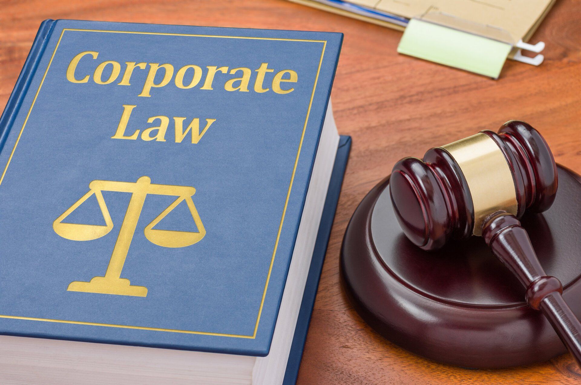 Corporate Law book and gavel