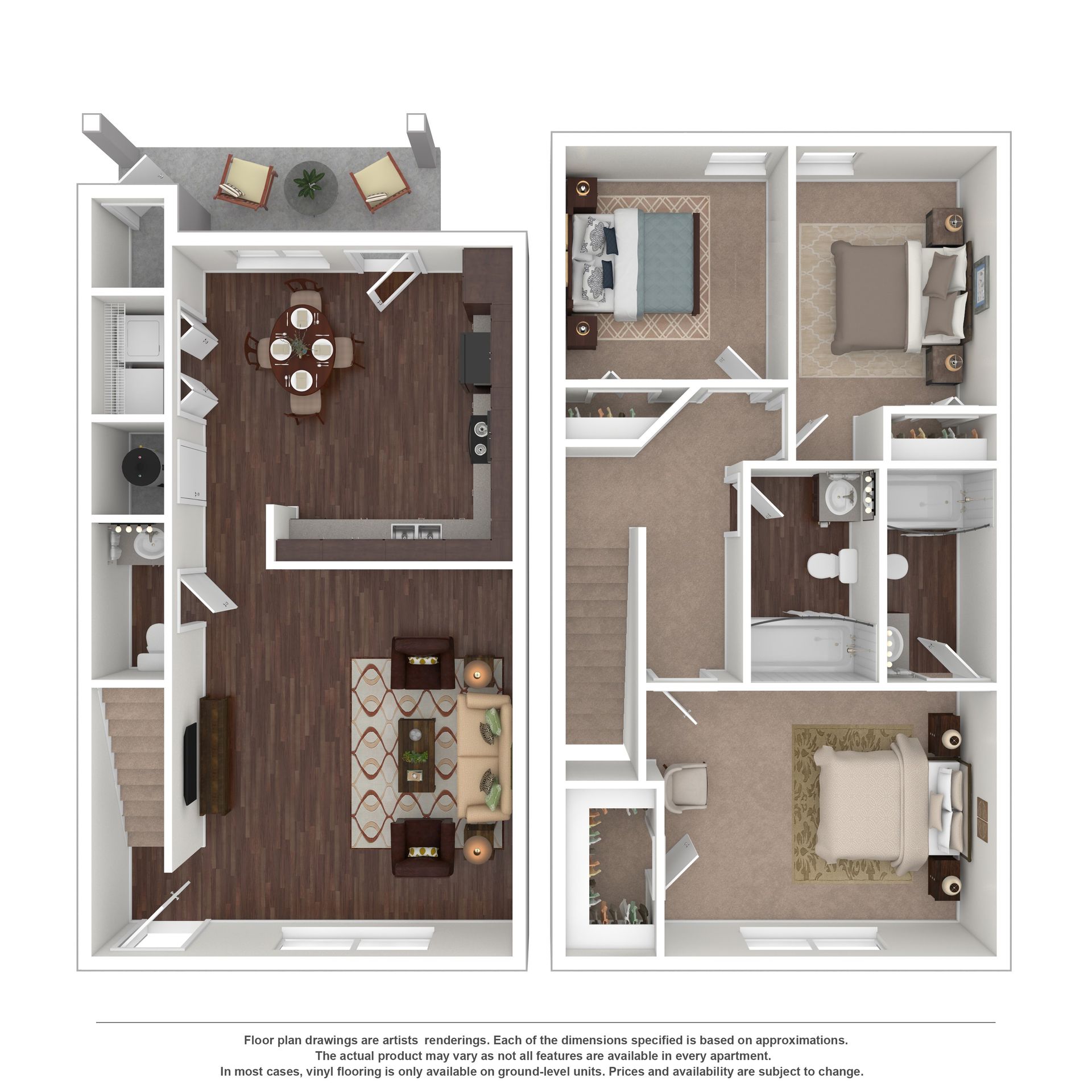2D floor plan of a two-story apartment showing a dining/living area on the ground floor and three bedrooms upstairs.