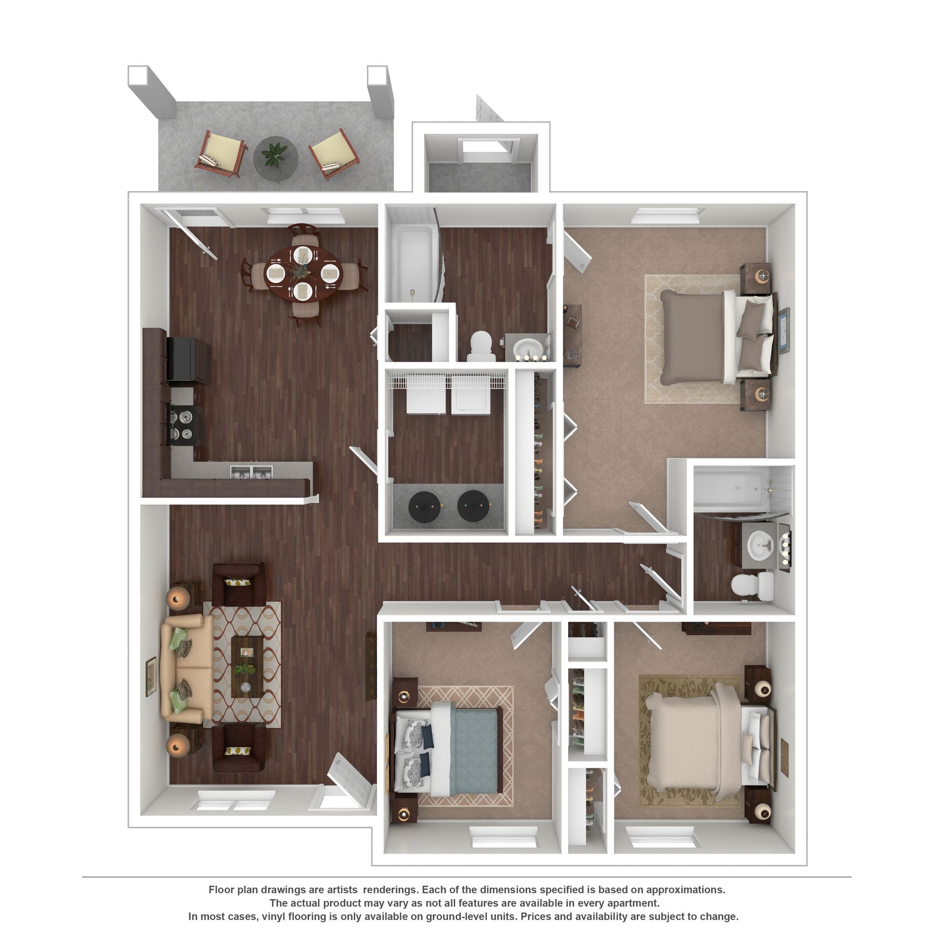 Floor plan for a three-bedroom apartment featuring a kitchen, living area, two bathrooms, and an outdoor balcony.