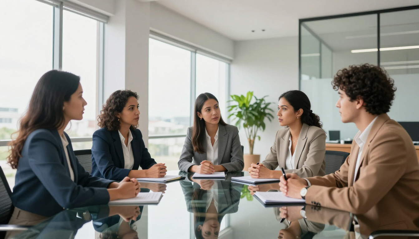 Profissionais em reunião discutindo contratação de plano de saúde empresarial Bradesco.