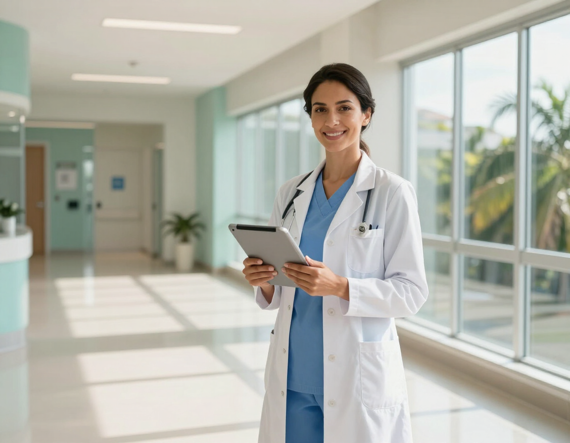 Médica utilizando tecnologia digital em hospital na Bahia