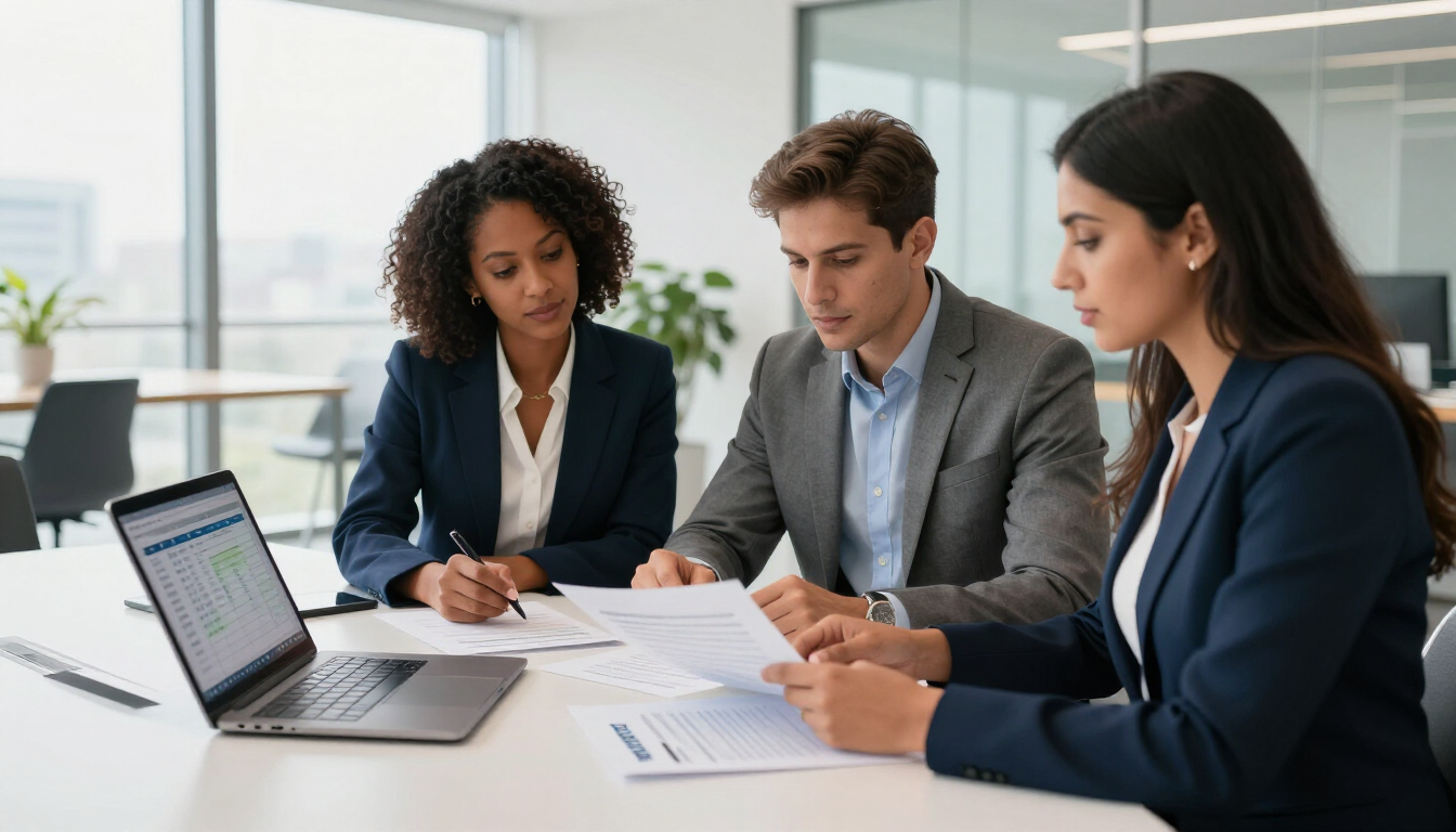 Equipe empresarial analisando opções de plano de saúde SulAmérica