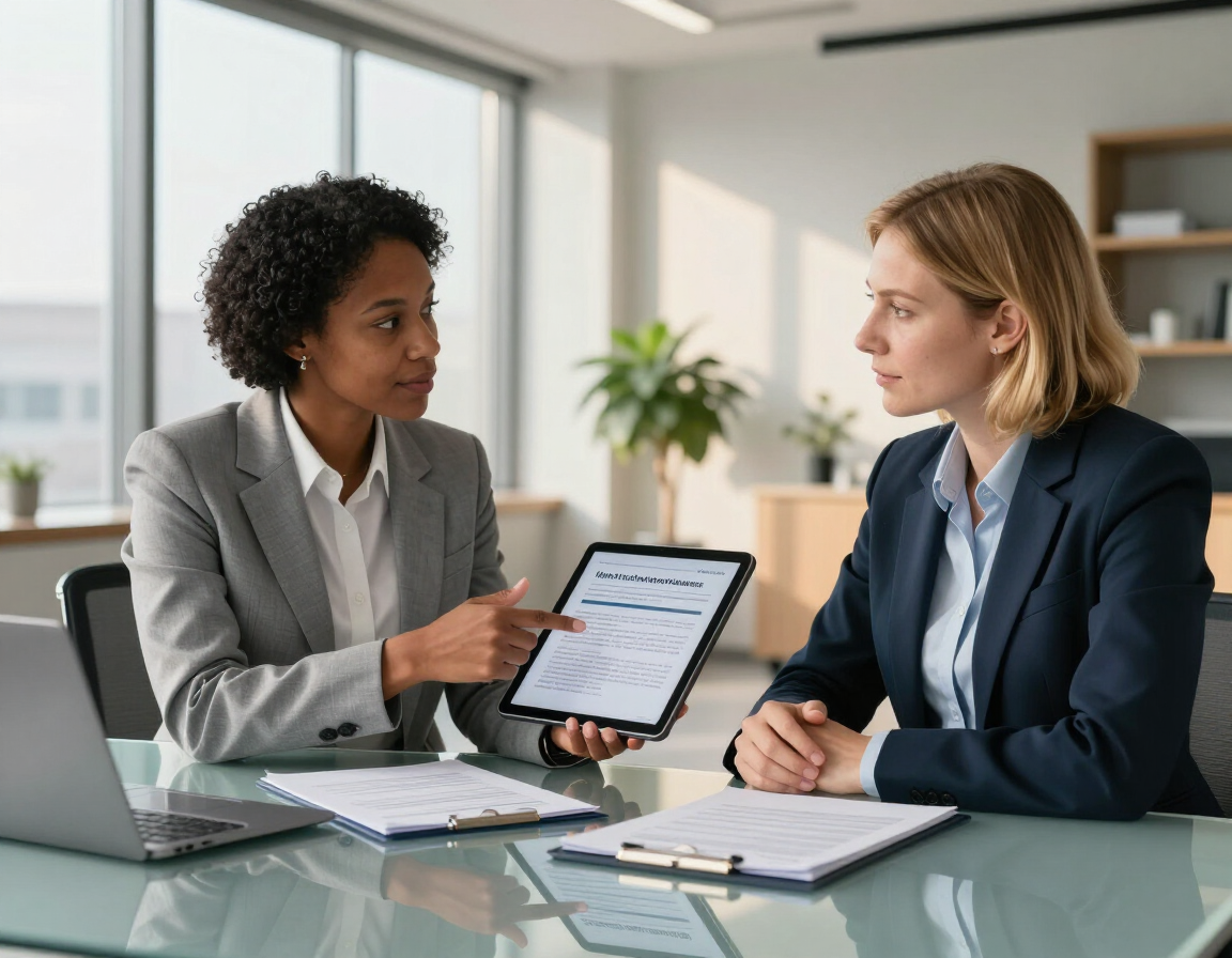 Consultora explicando uma proposta de assistência médica empresarial