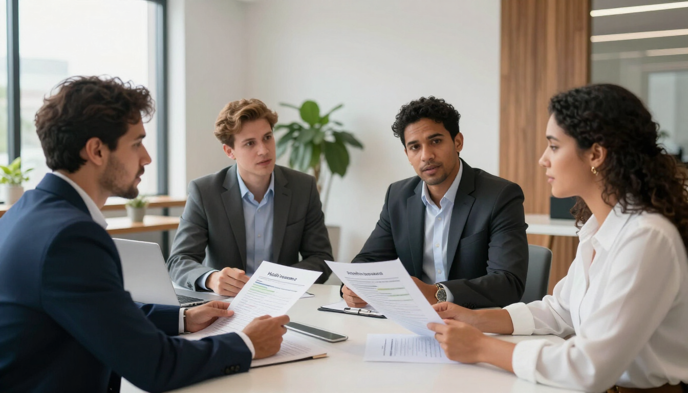 Equipe analisando plano de saúde com coparticipação